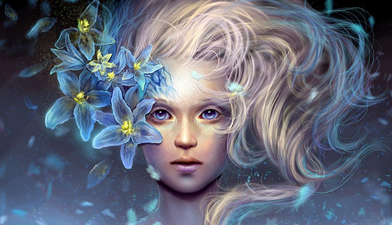 Girl With Blue Flower on Her Hair. Wallpaper in 1920x1100 Resolution