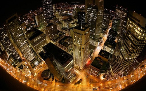 Image aerial view of city buildings during night time