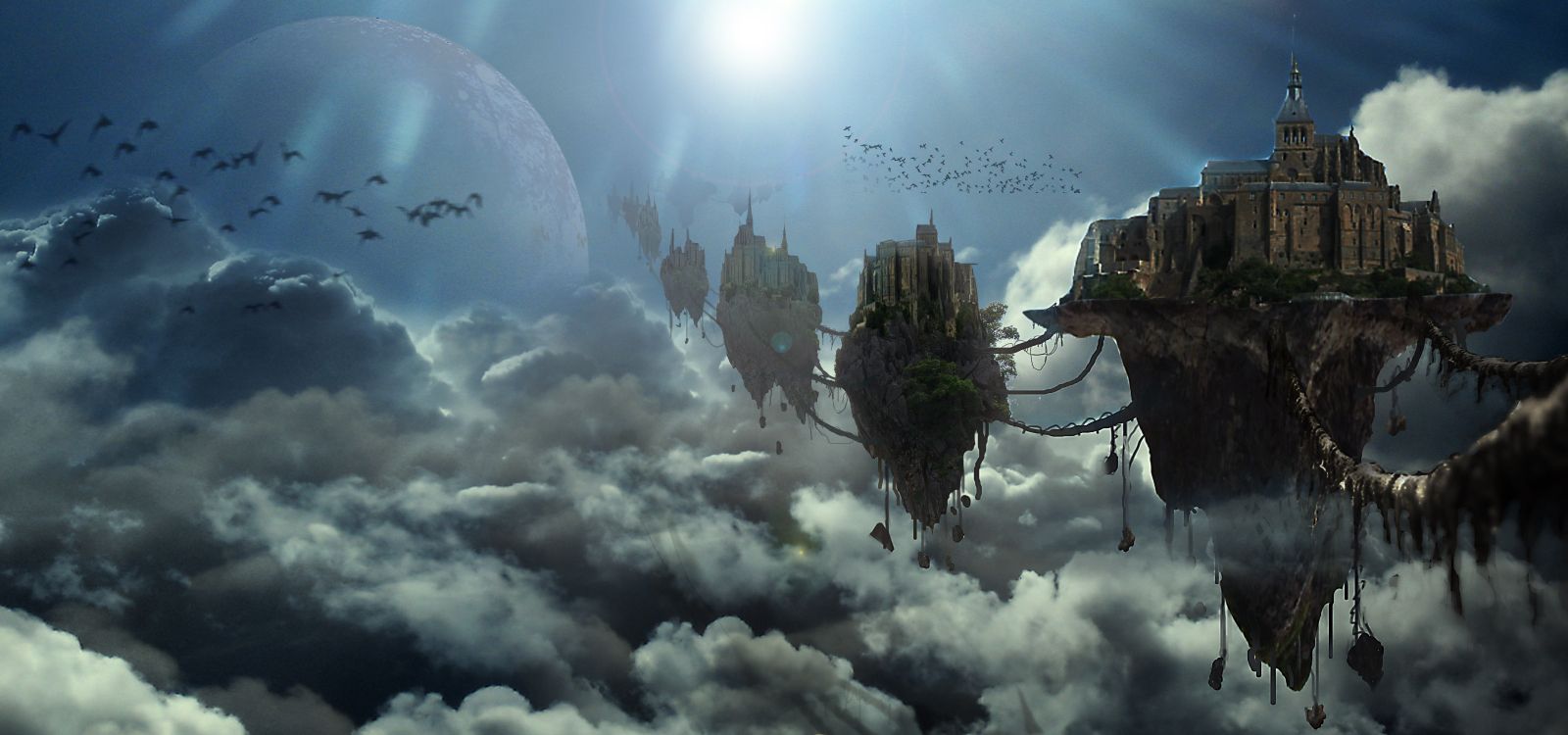 Weißes Und Braunes Schloss Unter Weißen Wolken Und Blauem Himmel. Wallpaper in 4800x2250 Resolution