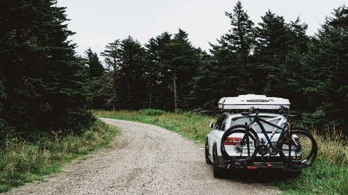 Image black and white car on dirt road near green trees during daytime