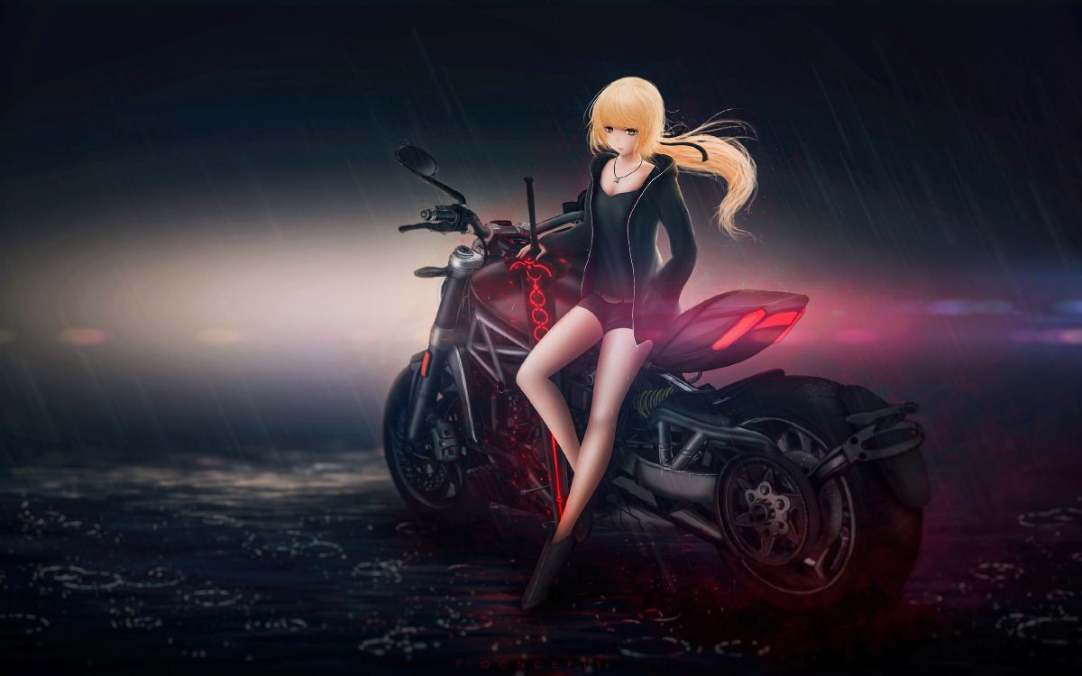 Mujer en Negro y Rojo Moto Deportiva Personaje de Anime. Wallpaper in 3840x2400 Resolution