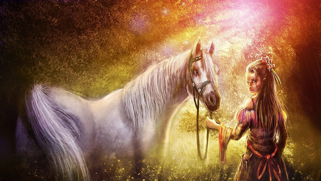 Frau im Braunen Kleid Steht Neben Dem Weißen Pferd Malerei. Wallpaper in 2048x1152 Resolution