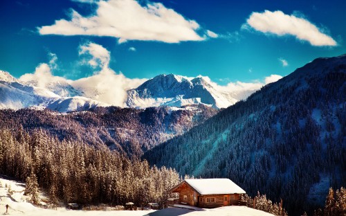 Image brown wooden house near green trees and mountain under blue sky and white clouds during daytime