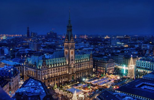 Image aerial view of city buildings during night time