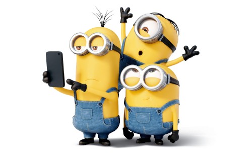 Image two minions holding black and yellow camera