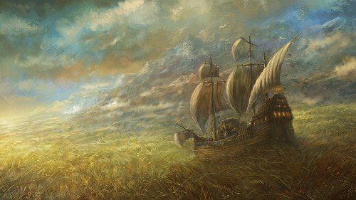 Image brown and black ship on brown grass field painting