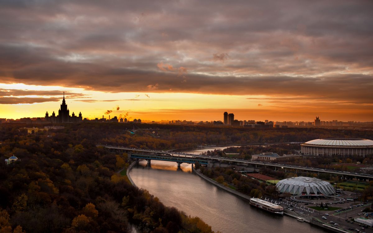 aerial view of city during sunset