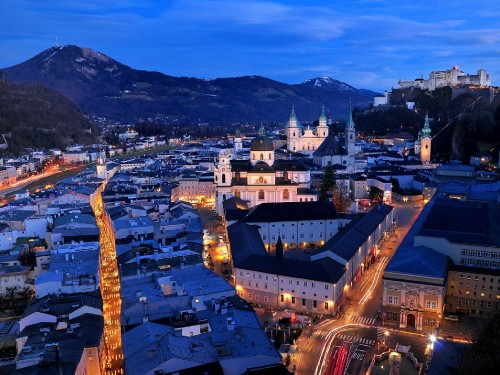 Image aerial view of city buildings during night time