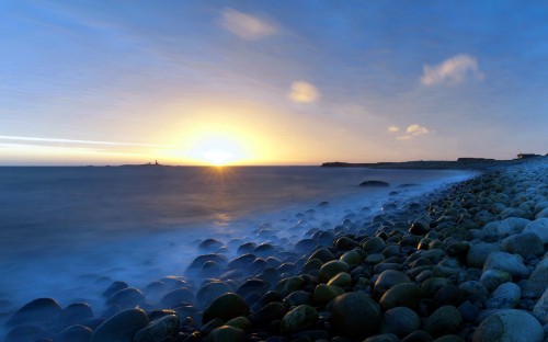 Image green and black stones near sea during sunset