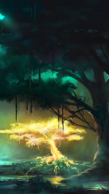 Image green trees with orange smoke