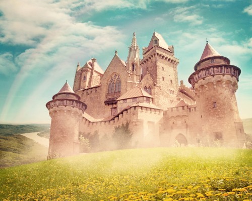 Image grey concrete castle under blue sky