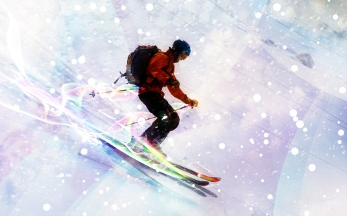 Image man in brown jacket and blue pants riding on snowboard