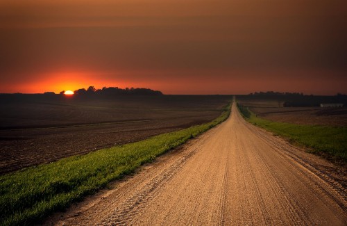 Image green grass field near road during sunset