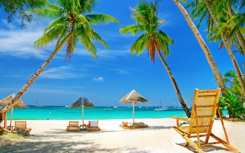 Image brown wooden beach lounge chairs on beach during daytime