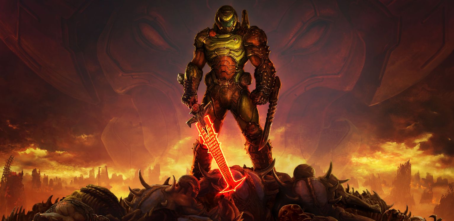 Doom Eternal, Fatalidad, Bethesda Softworks, Playstation 4, Caricatura. Wallpaper in 5654x2763 Resolution