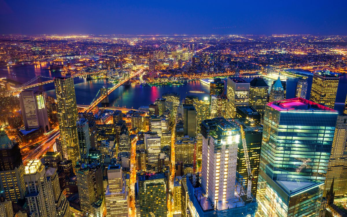 aerial view of city buildings during night time