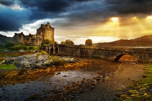 Image castle, Eilean Donan Castle, cloud, sunlight, highland