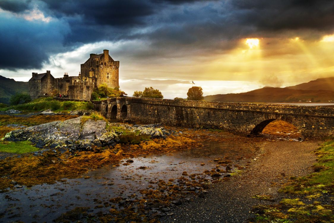 castle, Eilean Donan Castle, cloud, sunlight, highland