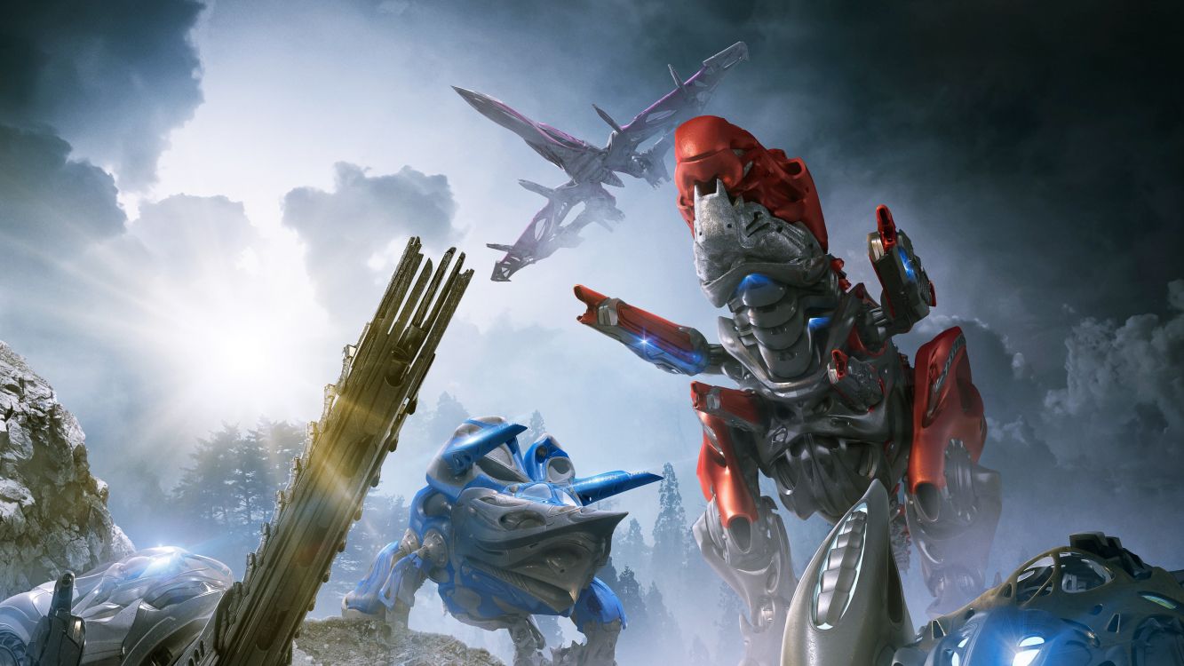 gray and red robot holding a rifle