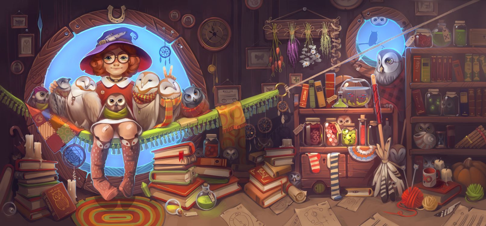 电脑游戏, 壁画, 猫头鹰, 女巫, 视频游戏软件 壁纸 6774x3150 允许
