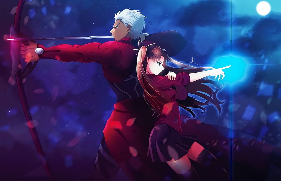 Bogenschütze, Rin Tohsaka, Shirou Emiya, Lichtschwert, Lanzenreiter. Wallpaper in 1456x936 Resolution