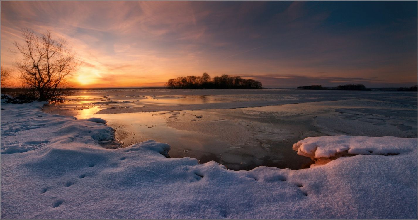 body of water near trees during sunset