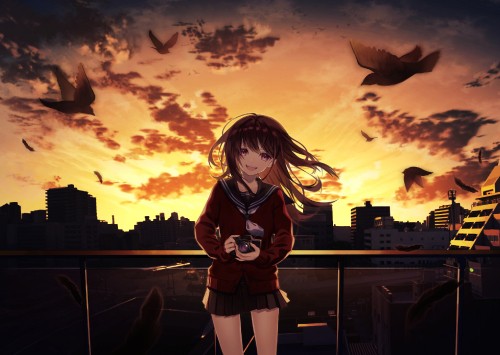 Image woman in red jacket anime character