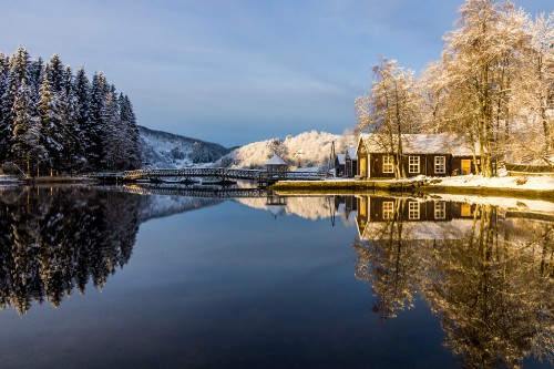 Image brown wooden house on lake near trees and mountains during daytime