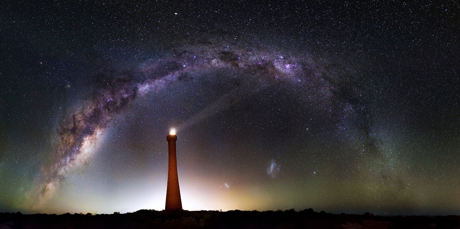 Silhouette of Tower Under Starry Night. Wallpaper in 5747x2863 Resolution