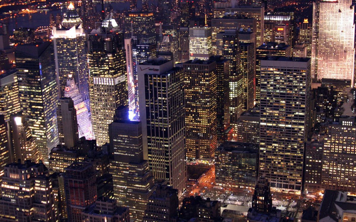 aerial view of city buildings during night time