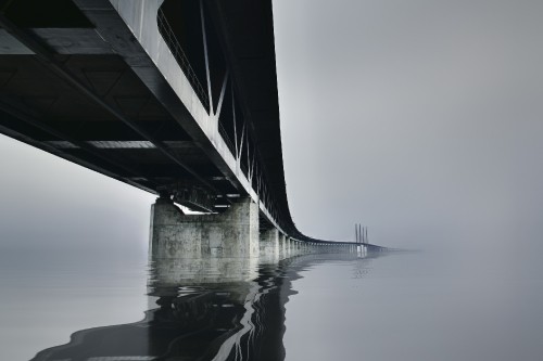 Image grayscale photo of bridge over water