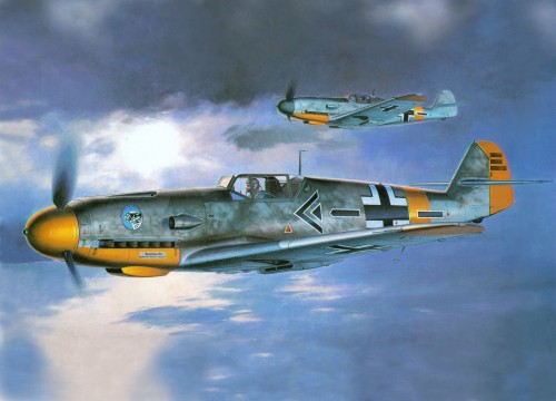 Image gray and yellow fighter plane on sky