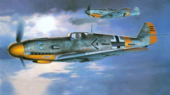 Image gray and yellow fighter plane on sky