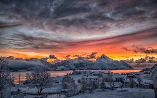 Image snow covered mountain during sunset