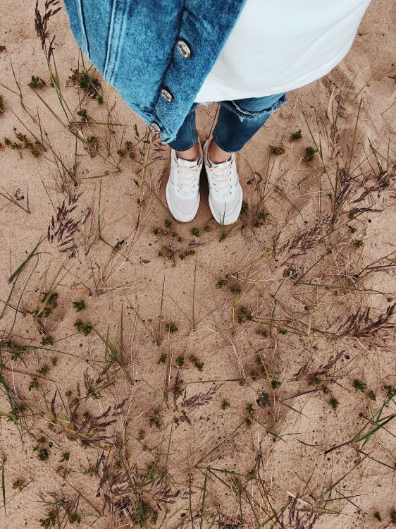 soil, grasses, trousers, denim, shoe