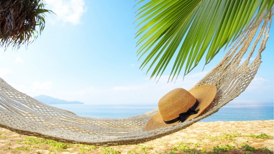 Image brown straw hat on white sand near green palm tree during daytime