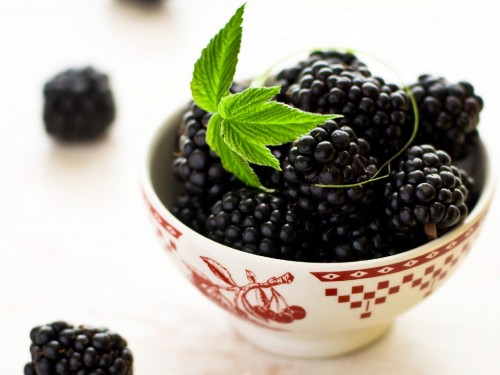 Image black berries in white and red ceramic bowl