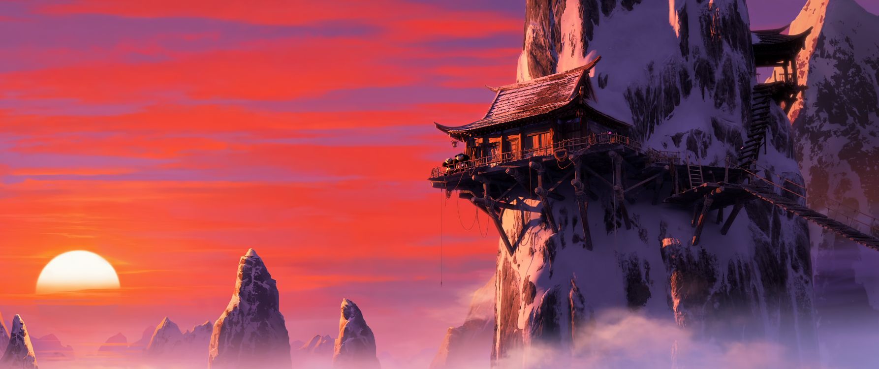 Animación DreamWorks, Ambiente, Edificio, Paisaje Natural, Atardecer. Wallpaper in 3840x1612 Resolution