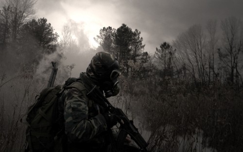 Image soldier, darkness, tree, gas mask, the mask