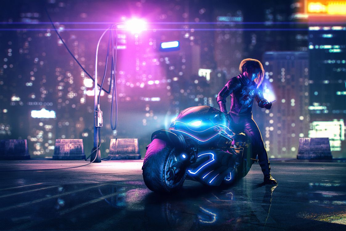 Motocicleta Cyberpunk Neón, Cyberpunk 2077, Cyberpunk, Motocicleta, Motocicletas Custom. Wallpaper in 3200x2136 Resolution