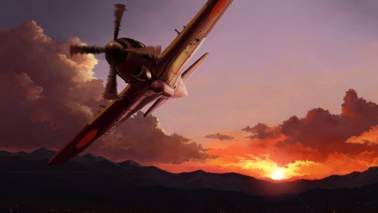 Image white and red plane flying over the clouds during sunset