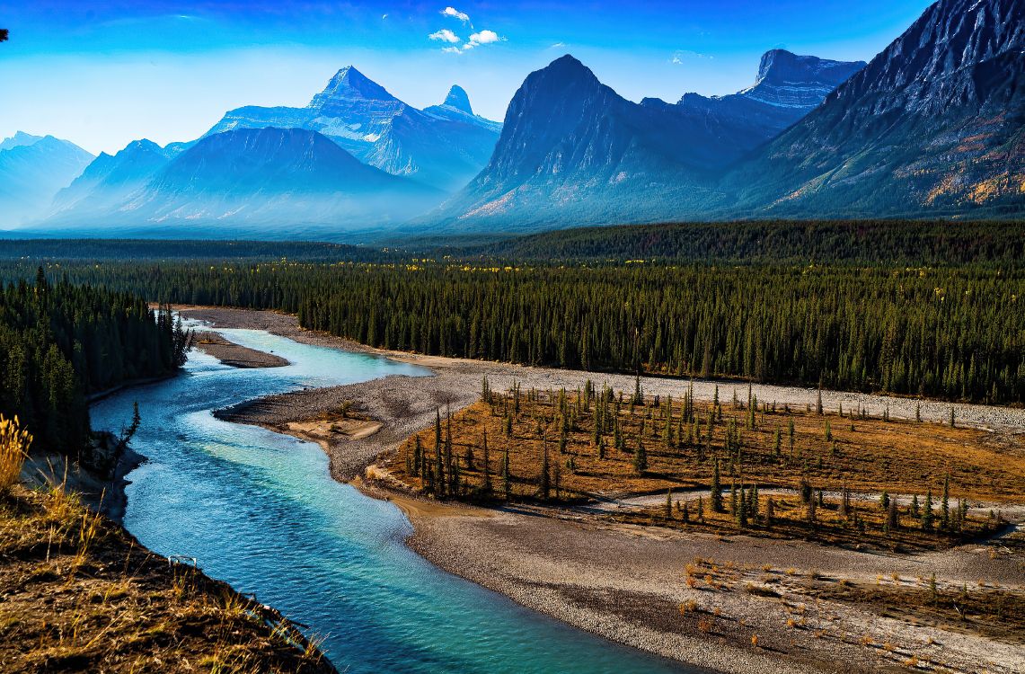 athabasca river, mountain, river, Mountain river, nature