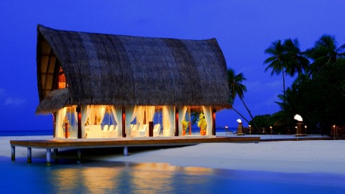 Image brown wooden house on beach during daytime