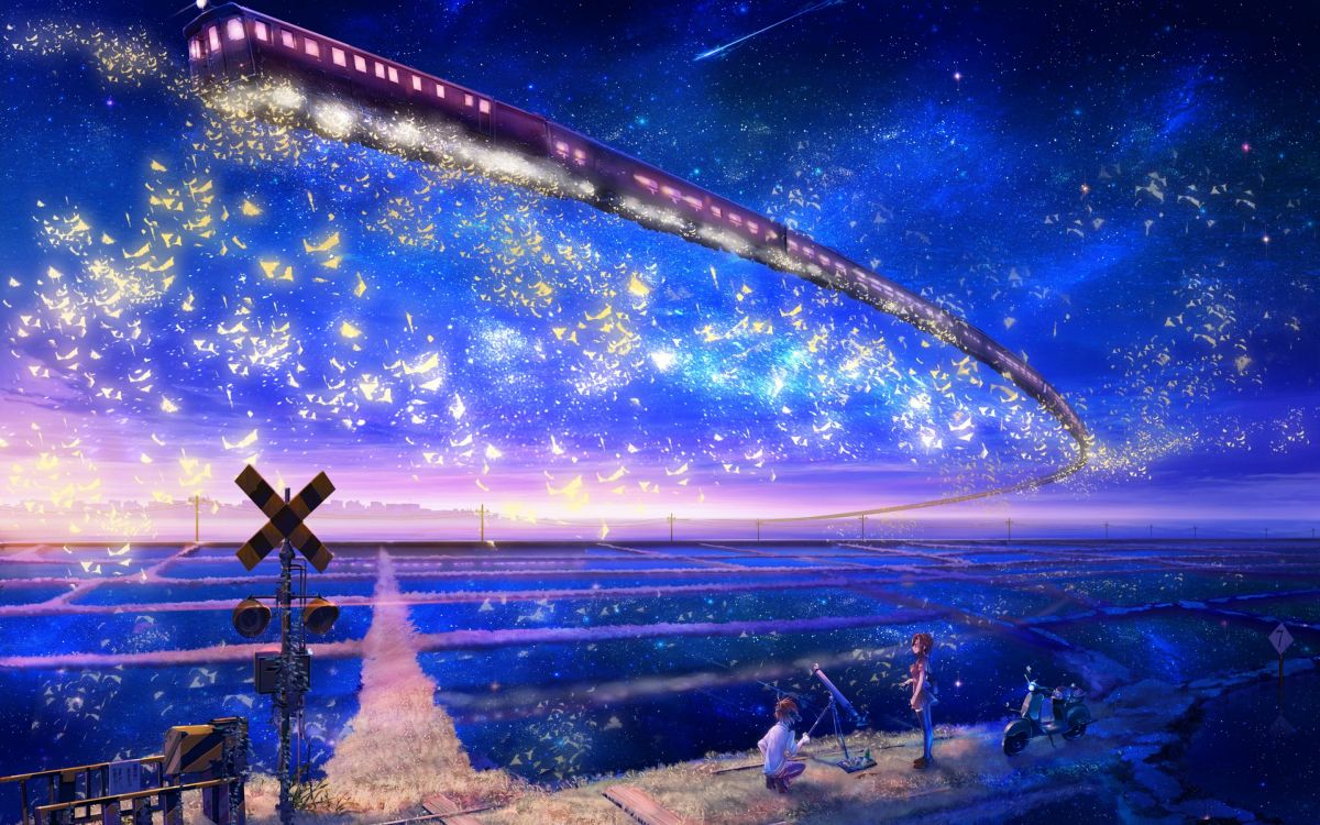 Des Gens Assis Sur un Banc Sous un Ciel Bleu Pendant la Nuit. Wallpaper in 2880x1800 Resolution
