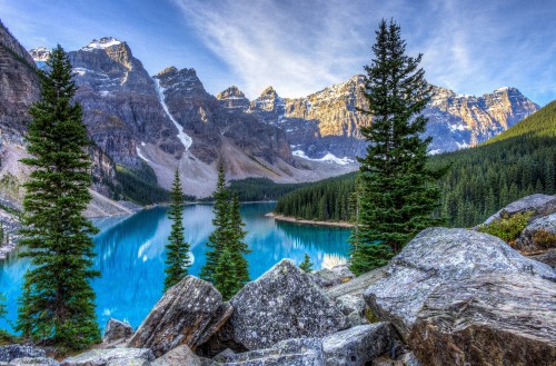 Image green pine trees near lake and mountain under blue sky during daytime