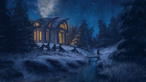 Image brown wooden house near body of water during night time