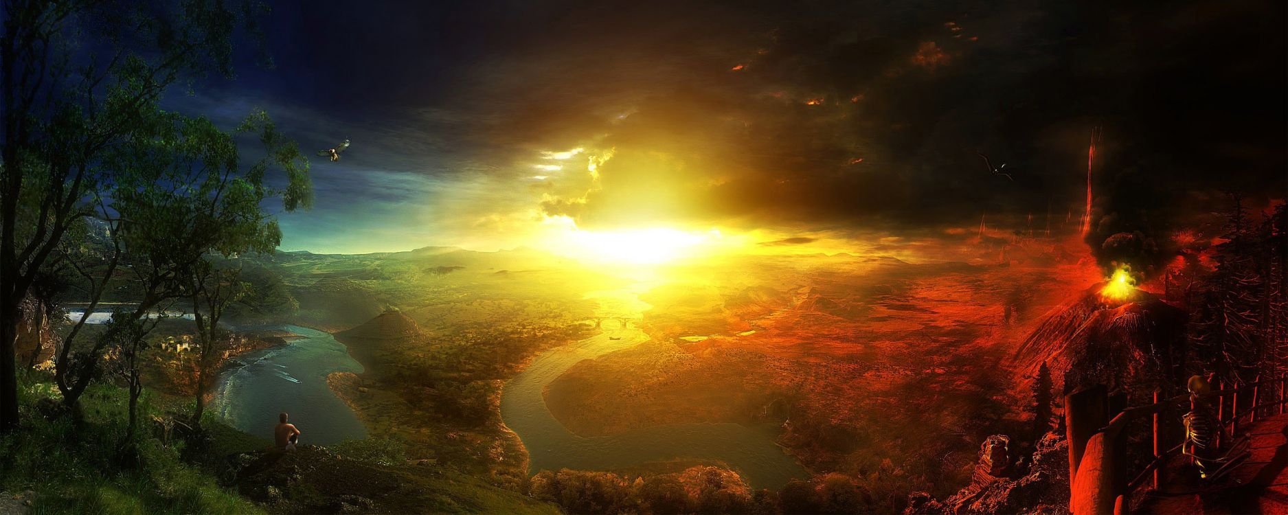 Grüne Bäume Und Fluss Bei Sonnenuntergang. Wallpaper in 2560x1024 Resolution