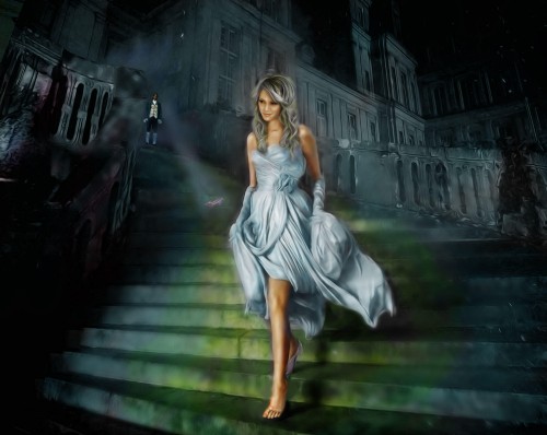 Image woman in white dress sitting on stairs