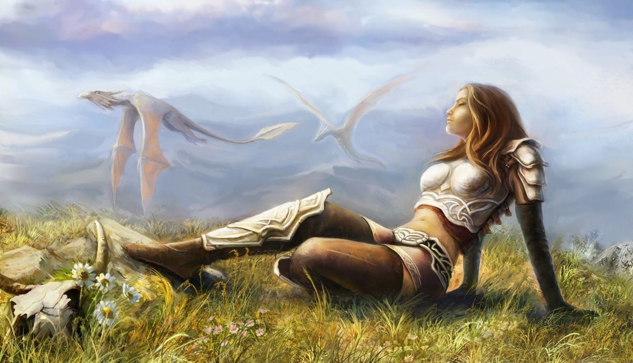 Femme en Chemise Blanche et Jupe Marron Assis Sur un Terrain D'herbe Verte. Wallpaper in 2000x1148 Resolution