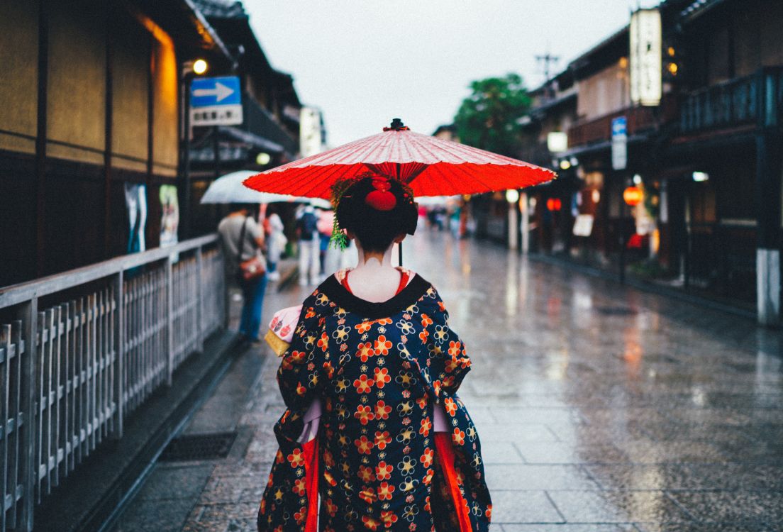 京都 衣服 伞 黑色的 橙色高清壁纸 人民图片 桌面背景和图片